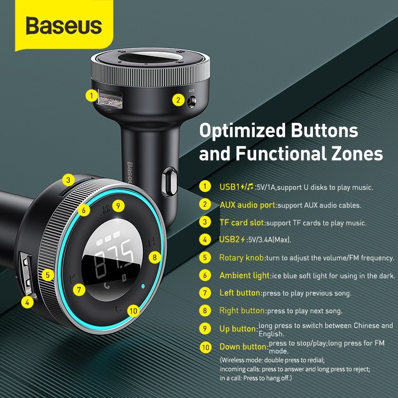 Baseus Original Car Charger Enjoy FM Transmitter Modulator Bluetooth 5.0 Receiver AUX 3.5MM 3.4A Casan Mobil Transmiter Saver Adaptor Adapter Dual USB Output