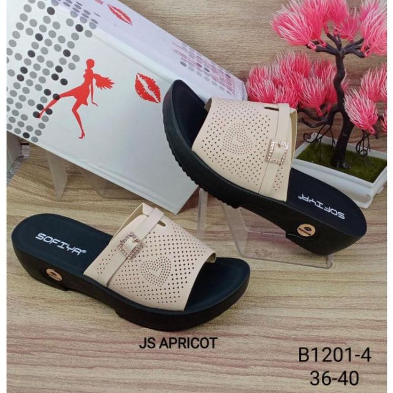 Sandal Wedges Sofia Import Terbaru 2022/Sandal Wanita Wedges Selop Motif Kekinian