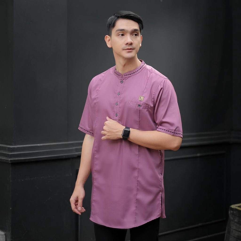 Baju Koko Pria Dewasa Lengan Pendek Variasi Embordir Toyobo Fodu Dusty ungu Biru Wardah Luthfi
