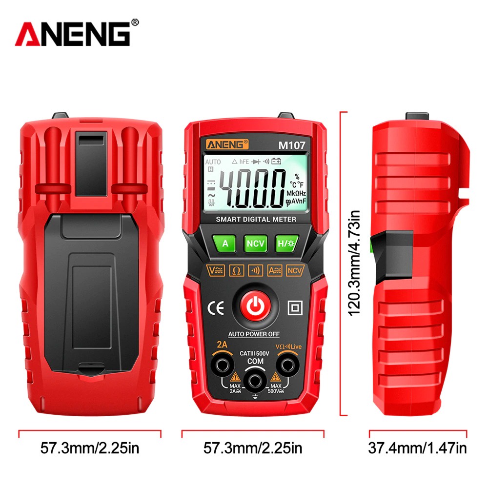 ANENG Mini Digital Multimeter ACDC Electrical Voltage Tester - M107 - RedBlack