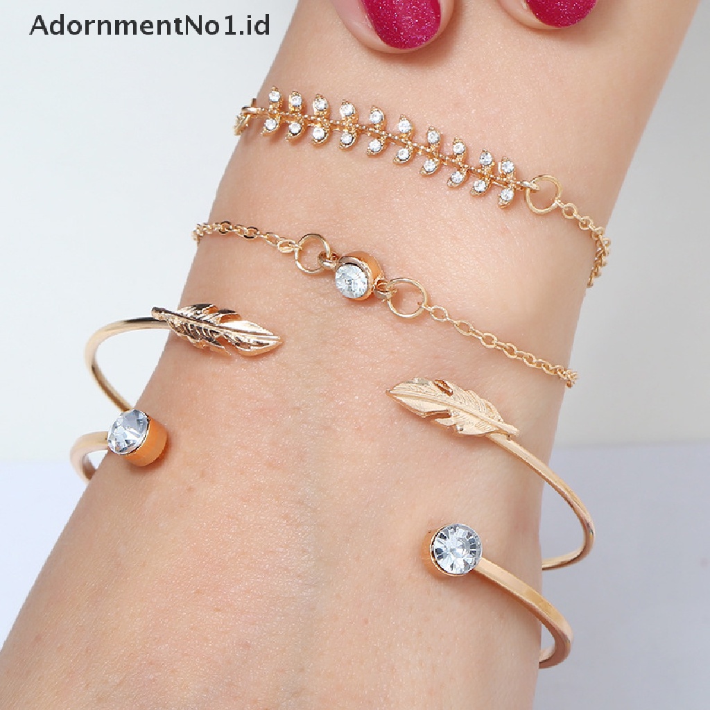 [AdornmentNo1] 4pcs/set Fashion Wanita Geometris Kristal Daun Gelang Adjustable Bangle Jewelry [ID]