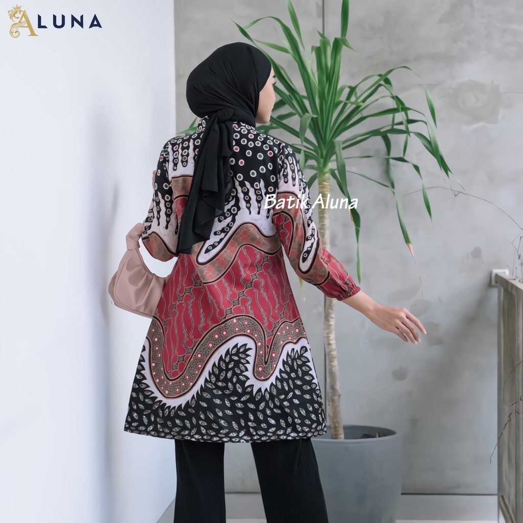 Baju Batik Wanita Tunik Lengan Panjang Katun Lapis Trikot Premium Modern Original Model Resleting Depan Batik Kerja Kantor Kondangan Size M L XL XXL