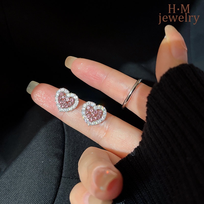 S925 Perak AAA Zircon Pink Love Heart Stud Earrings Ringan Mewah Manis2023Anting Baru