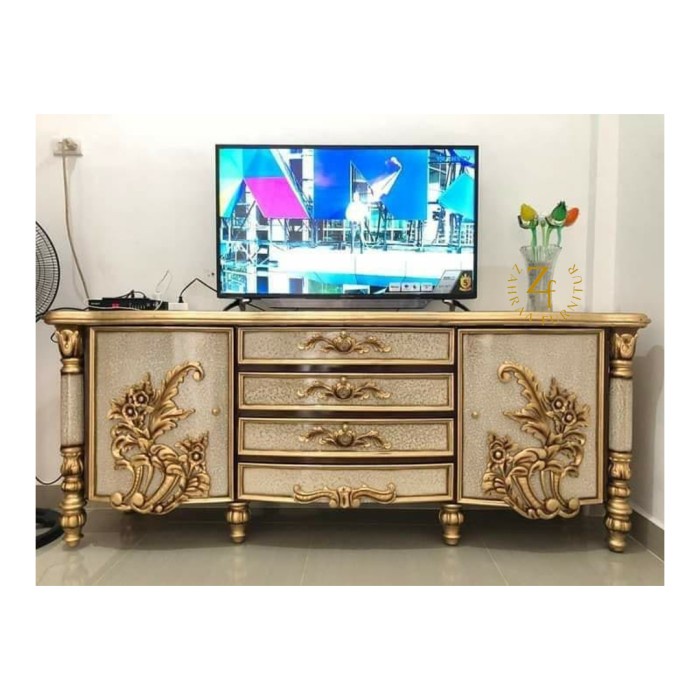 BUFET TV UKIR KAYU JATI MEJA TV UKIR JATI CLASIC MARMER GOLD