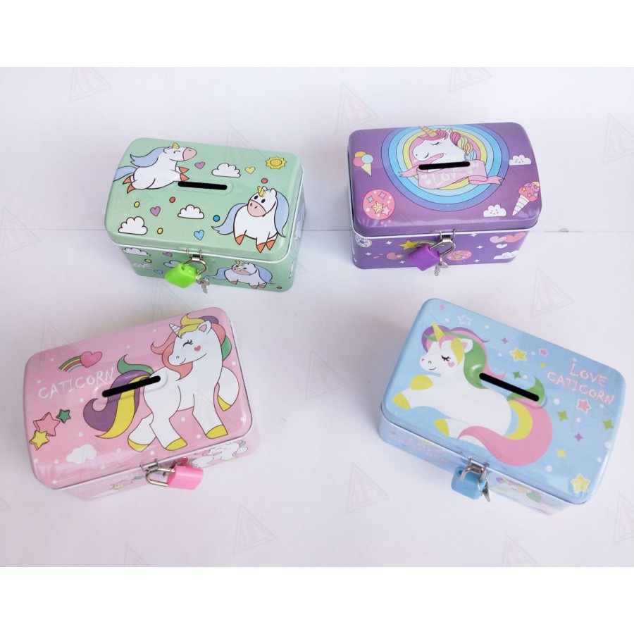 CELENGAN KALENG Kunci SAVING BOX TEMPAT PENYIMPANAN UANG MOTIF UNICORN