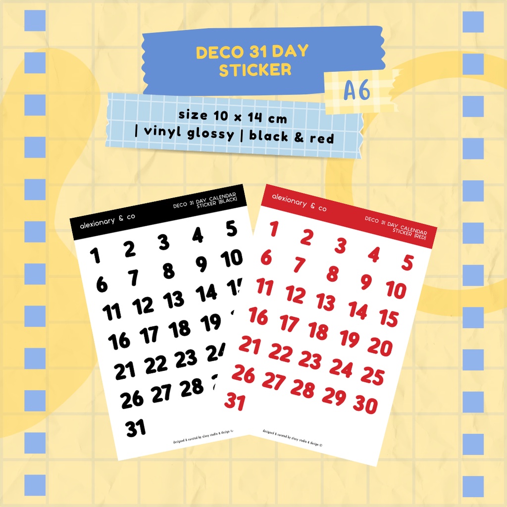 

Journal Planner Deco 31 Day Calendar Sticker | A6 | 10 x 14 CM | stiker murah jurnal scrapbook planner deco cute tracker judul title kalender tanggal