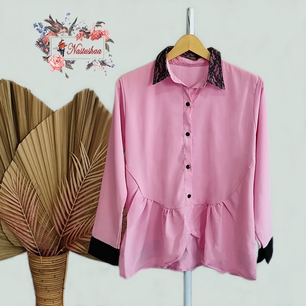 Blouse Atasan Wanita Dewasa Pink Kemeja Kerja Wanita Peach Sofie Kkombinasi Renda Kancing Depan Busui Friendly