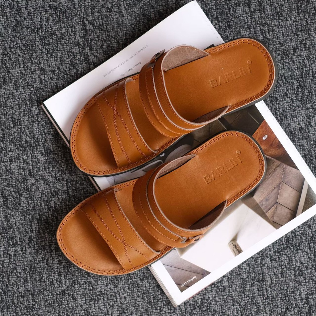 BARLIN ORIGINAL - Sandal Casual Pria FULL Kulit Asli Murah Slop Slide Flip Flop Selop NgeMall Hangout Handmade