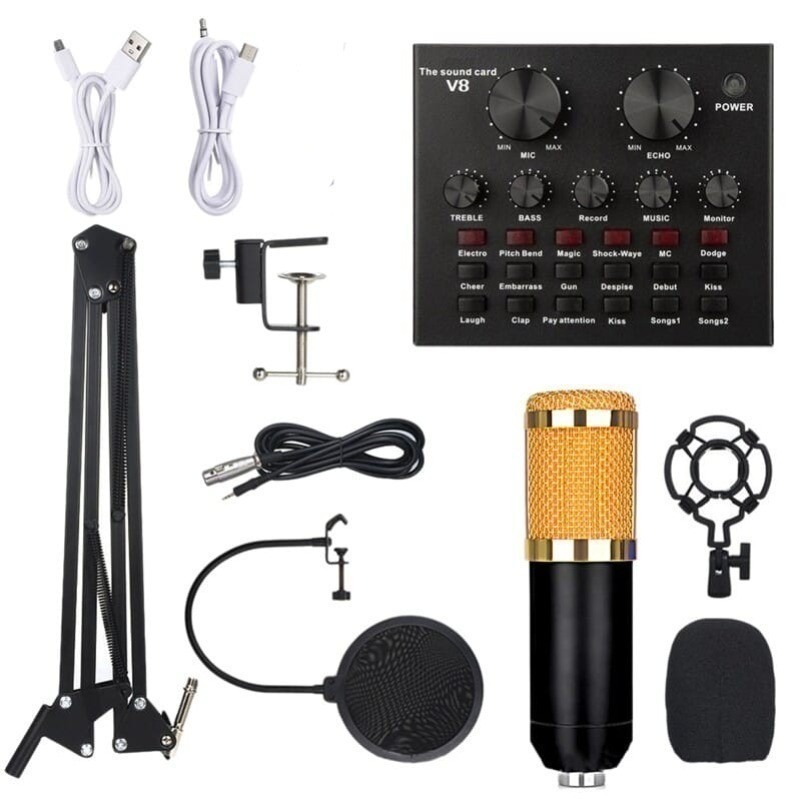 Microphone Recording BM-800 Set Stand Mic Poadcast Youtuber Condenser Sound Card V8