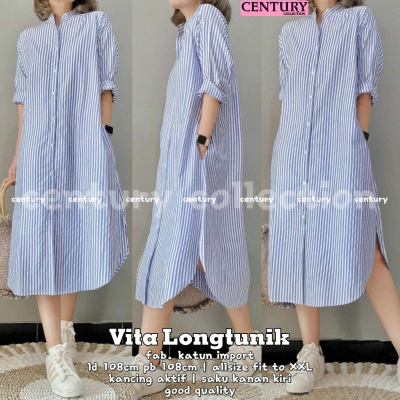 Vita Long Tunik Motif Garis Full Kancing Premium