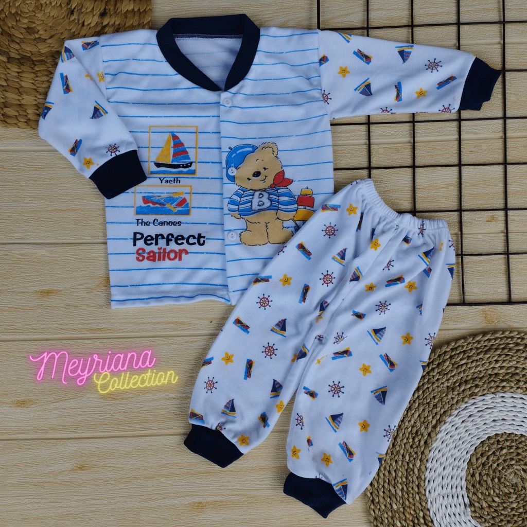 Setelan Piyama Baju Bayi Kaos Oblong Kancing Depan Lengan Panjang Baju Tidur Anak Usia 3-12 Bulan Motif SAILOR Meyriana Collection