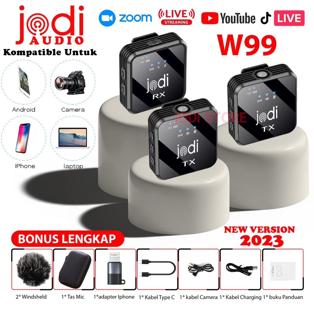 JODI W99 Microphone Mic Clip On Jepit Wireless 2 Mikrofon Dual Single untuk HP DSLR Laptop PC Androi