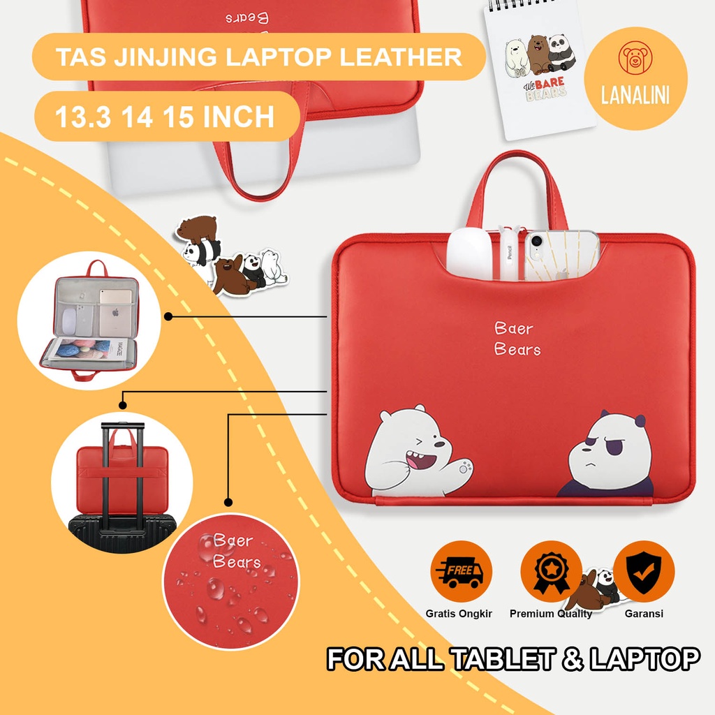 Sleeve Pouch Sarung Tas Bag Case Ipad Tab Tablet Macbook Air Pro Laptop Asus Acer Lenovo HP Huawei 11 12 13 14 15 inch Motif Gambar Bear Beruang Panda Warna Merah Lucu Cute Murah Korean Model Jinjing Tali Strap