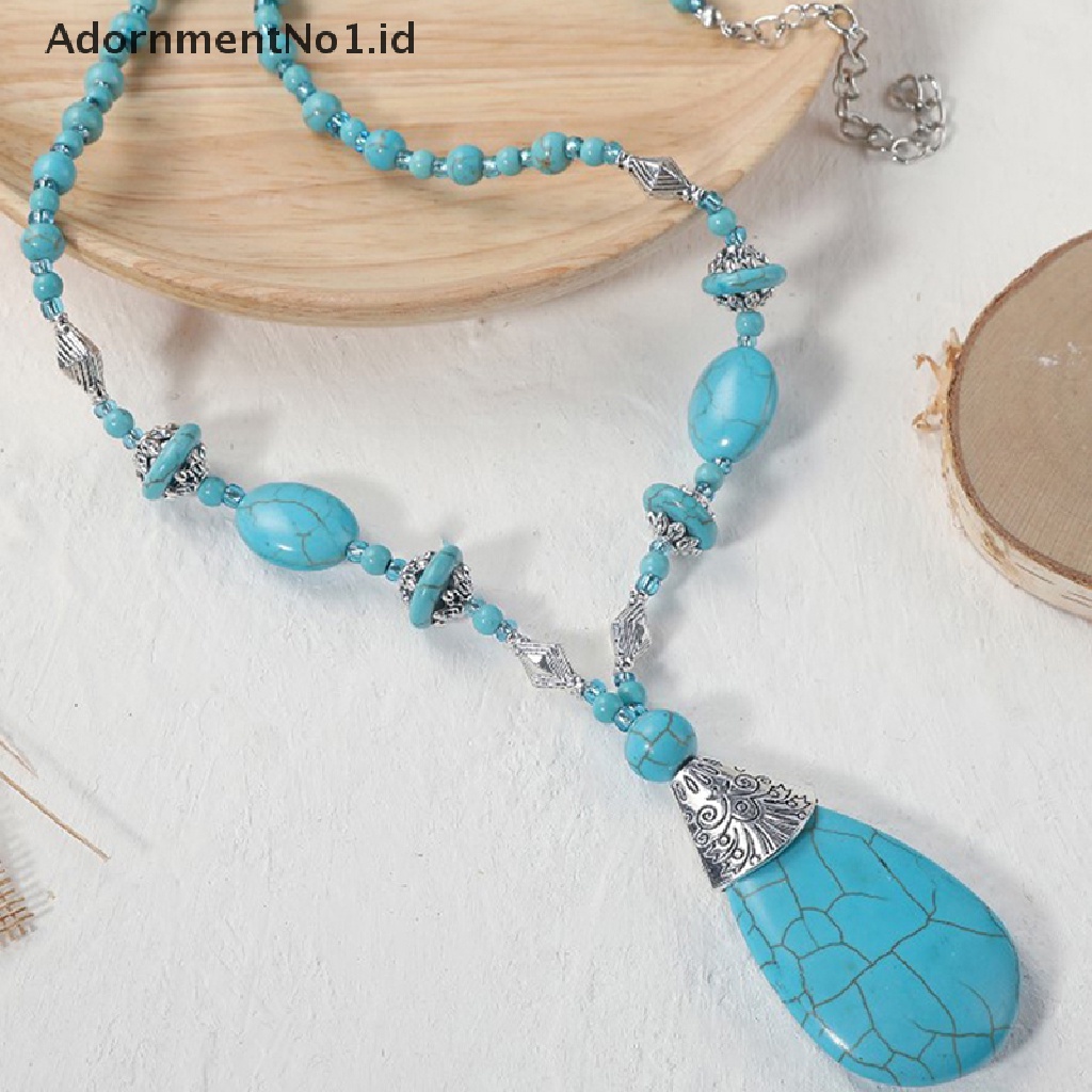 [AdornmentNo1] Vintage Perak Disepuh Turquoises Stone Pendant Kalung Bohemia Perhiasan Pernyataan Tetesan Air Logam Liontin Kalung Wanita [ID]