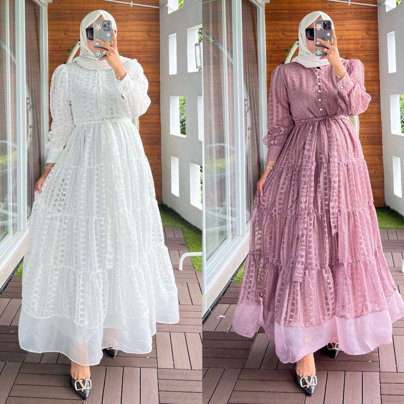 Liona Brukat Organza Dress Jumbo Ld 105/Dress Kondangan Sage/Gamis Brukat Pesta/Gamis Seragaman/Gamis Remaja