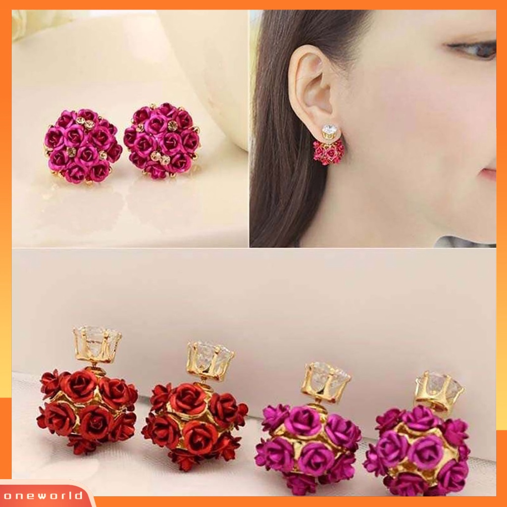 {oneworld} Ear Studs Indah Desain Bola Bunga Mawar Bahan Alloy Berlian Imitasi Anting Untuk Perjamuan