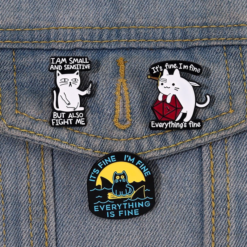 It's Fine I' M Fine Enamel Pin Kucing Lucu Bros Kerah Pin Lencana Kartun Hewan Perhiasan Hadiah Untuk Anak-Anak Teman