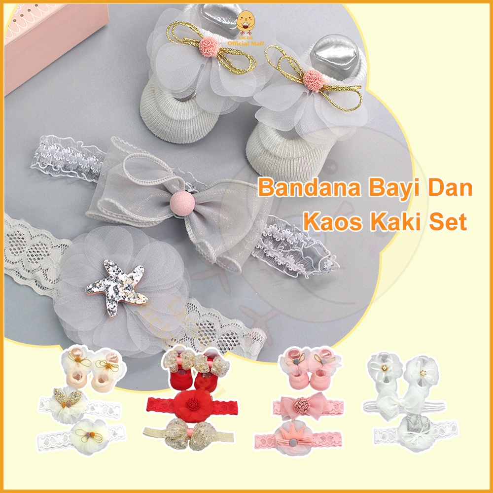 Lacoo 3in1 Kaos kaki bandana bayi perempuan lucu kaus kaki bando bayi cewek import dengan kotak cantik 0-1 tahun