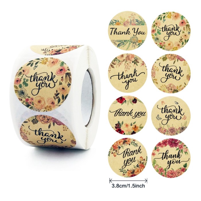 

Sticker Label Kraft Thank You Floral Stiker Motif Bunga Bundar diameter 3,8 cm