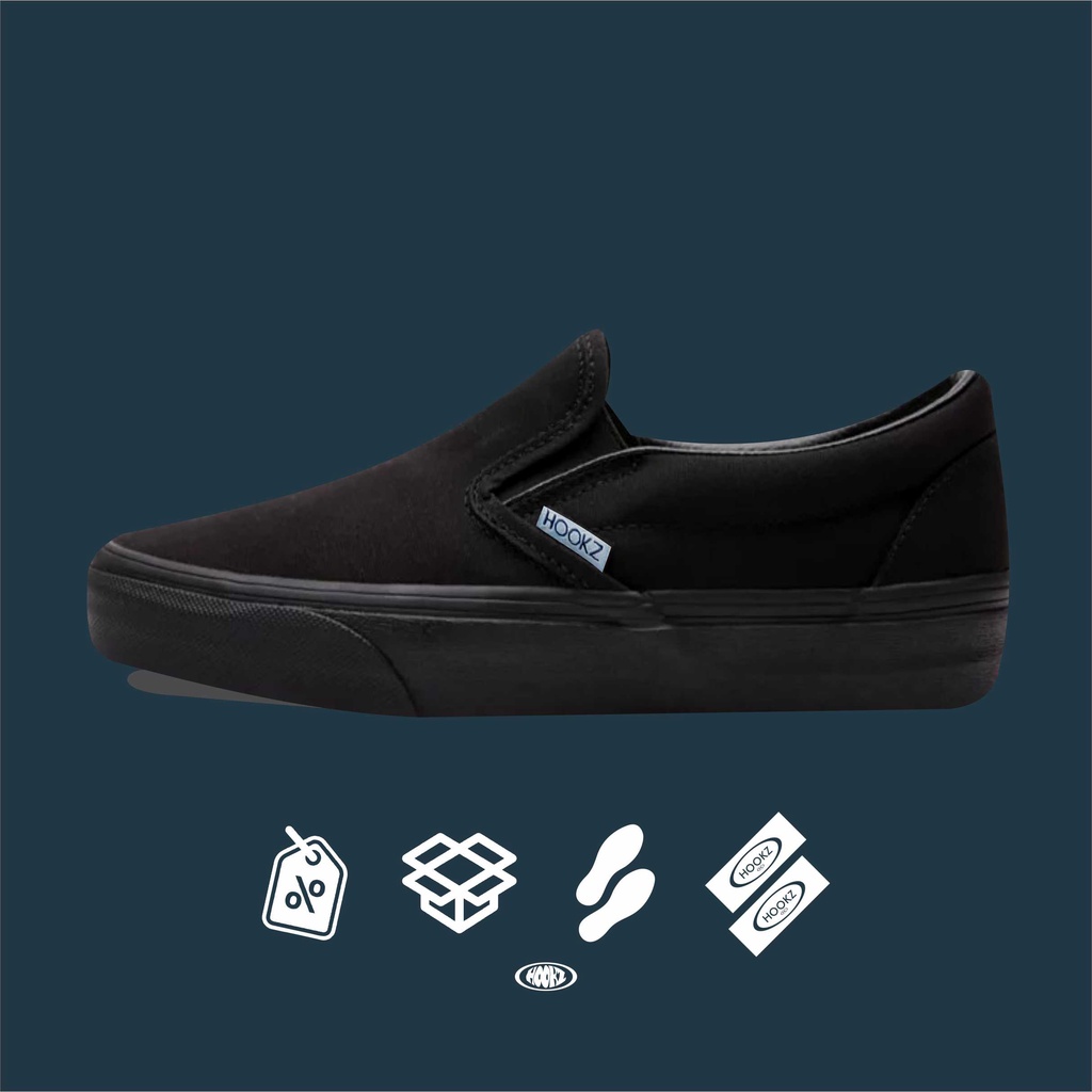 HOOKZ.INC - SEPATU SLIP ON FULL BLACK | SOUTH FULL BLACK  | SEPATU PRIA WANITA | SEPATU SEKOLAH | ORIGINAL 100%