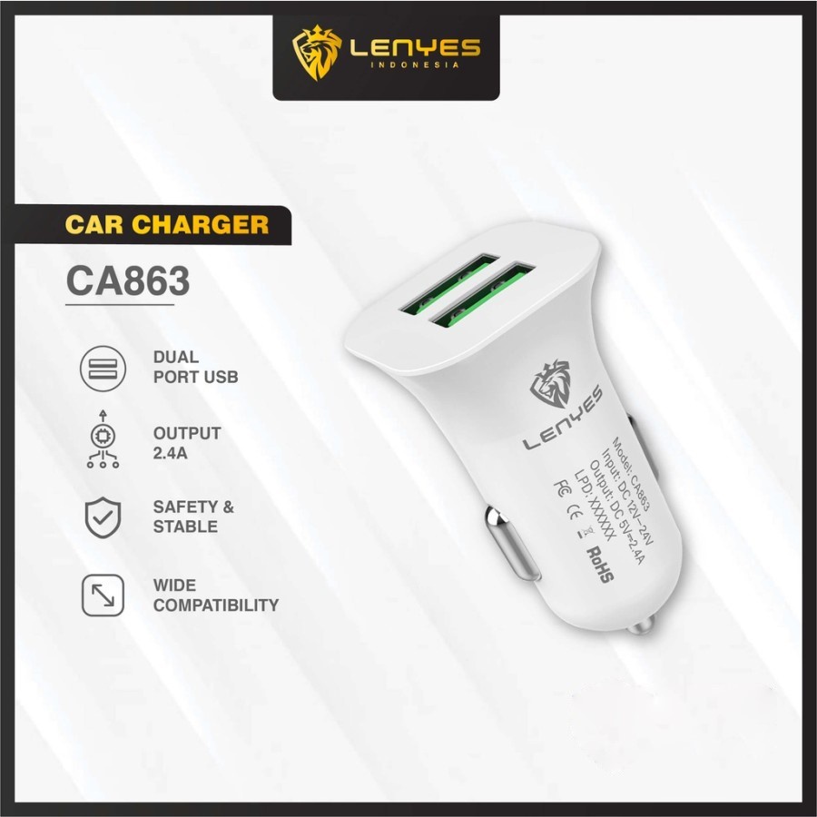 BATOK SAVER CAR Charger LENYES CA863 2.4A 2 USB HP adaptor casan Mobil cas handphone fast charging