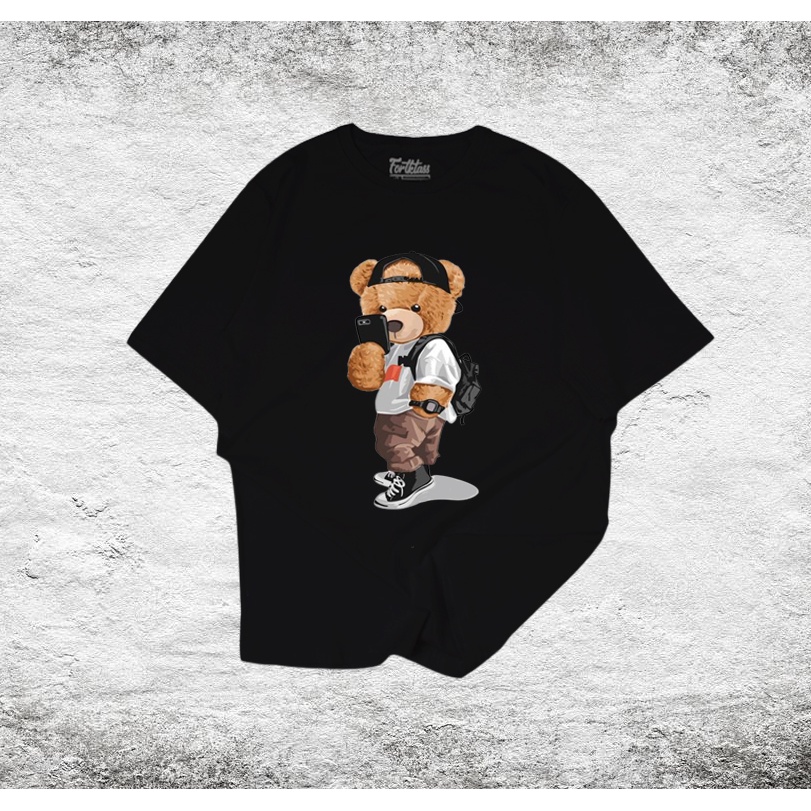 HIPNOP Bear Selfi Kaos Sablon Pria Lengan Pendek Atasan Tshirt Distro Cowok