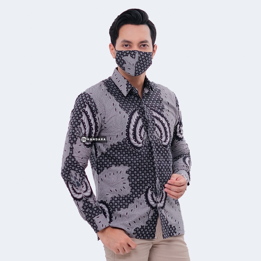 Baju Kemeja Batik Pria Lengan Panjang Slim Fit Premium Modern Full Furing Katun Halus Original Handara Motif Kapal Kandas Abu HB-308