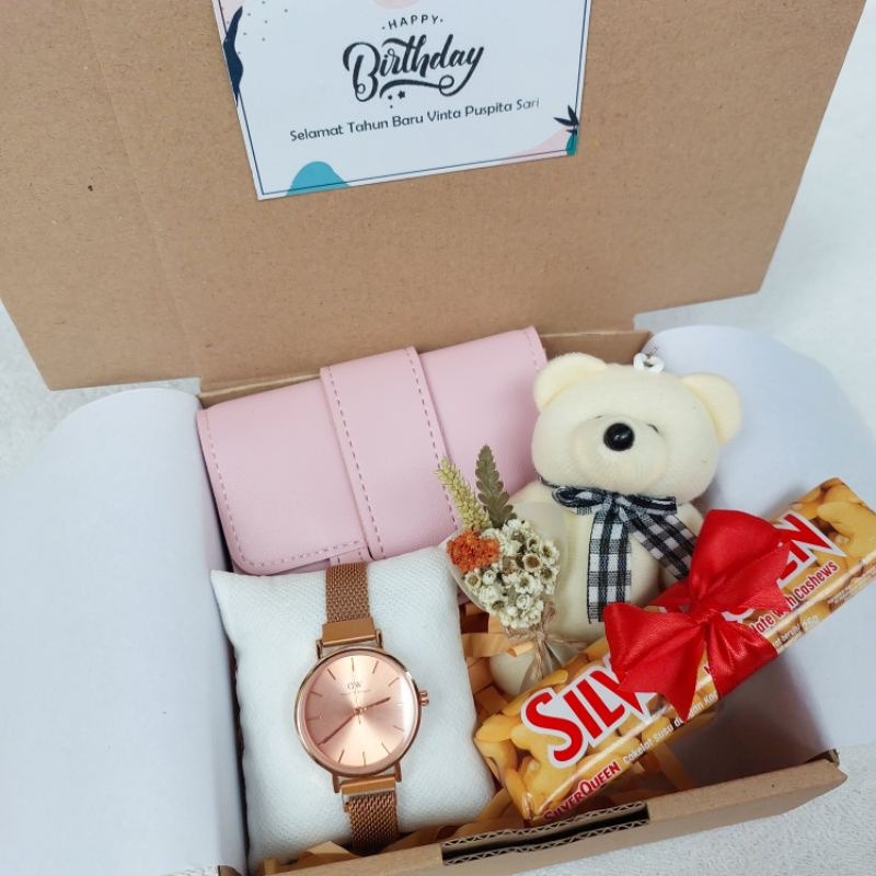 (Medium Manis) Giftbox cewek jam tangan rantai dan coklat kado ulang tahun anniversary valentine wisuda free ucapan