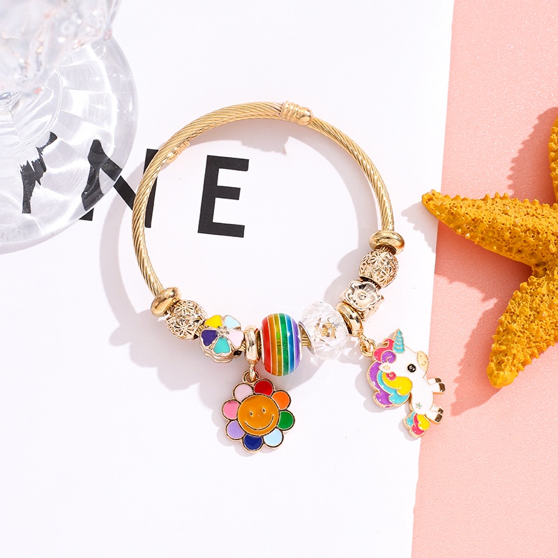 XiaoboACC Gelang DIY Stainless Steel Unicorn Bunga Lucu Fashion Korea