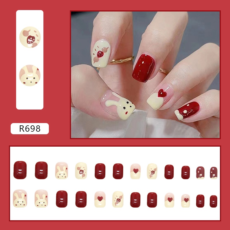Lucu Warna Putih Susu Kelinci Senada Tahun Baru Merah Kuku Palsu Persegi Kuku Palsu 24pcs/box R698