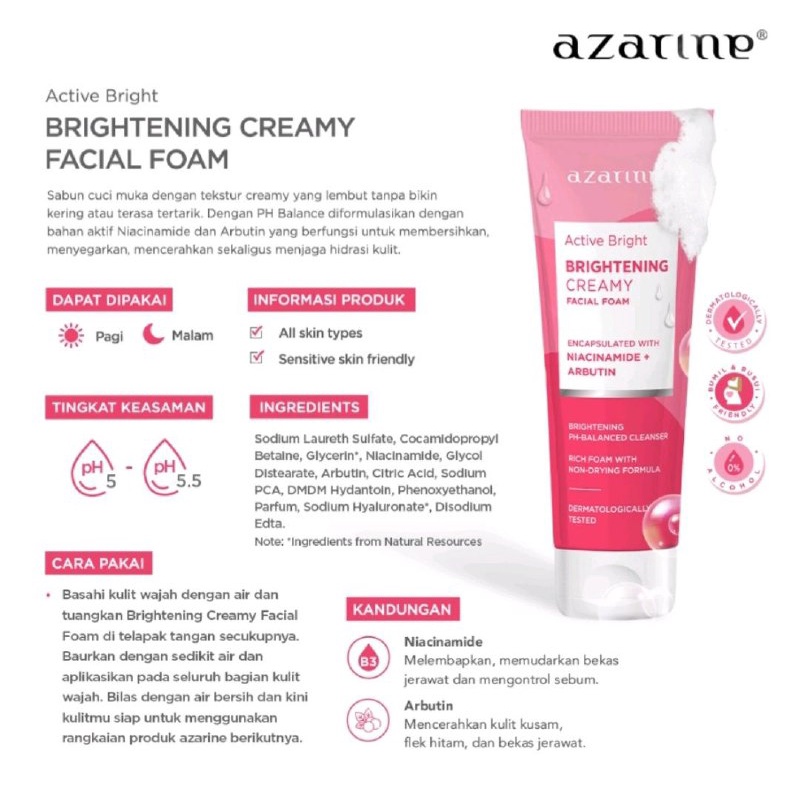 AZARINE CREAMY FACIAL FOAM 50GR BRIGHT / SABUN CUCI MUKA BRIGHTENING