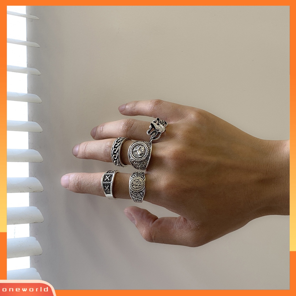 [ONWL] 5pcs/set Cincin Buku Jari Pola Halus Geometris Mewah Retro Electroplating Dekorasi Perhiasan Pria Vintage Gothic Knuckle Joint Rings Untuk Pesta