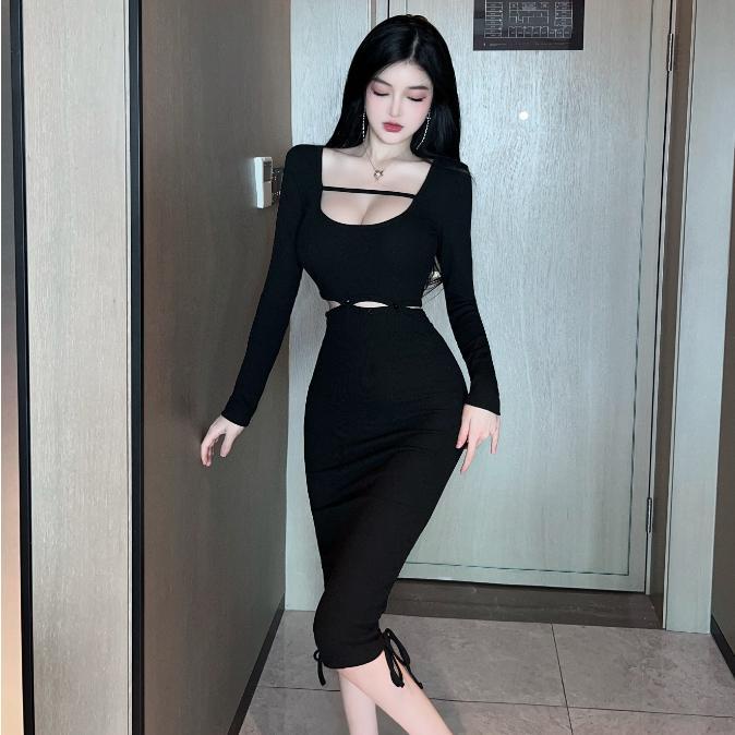 ✔﹍Selebriti internet musim gugur manis dan pedas angin goreng jalanan Prancis seksi tanpa pinggang lengan panjang kerah persegi gaun rok pendek tas lengan rok setelan dua potong