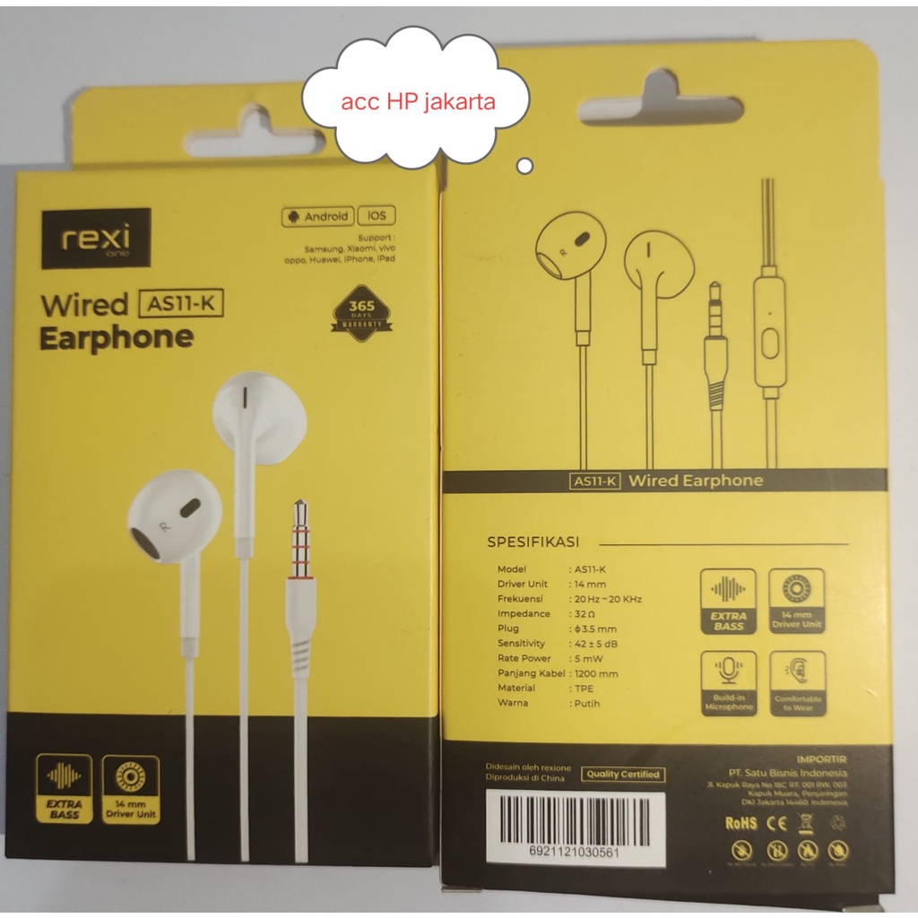 Hansfree Rexi AS11-K Wired Earphone Extra Bass 14mm Henset Rexi AS11K NEW REXI HANSFREE