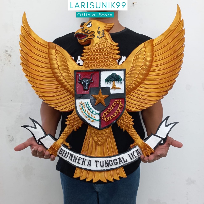 Hiasan Dinding Pajangan Garuda Pancasila Gold Fiber Ukir Hiasan Ruangan Perlengkapan Dekorasi Pajangan Dinding Rumah Kantor Sekolah Lambang Negara Indonesia Burung Garuda Gold Fiber Besar 3D 57x57cm Premium