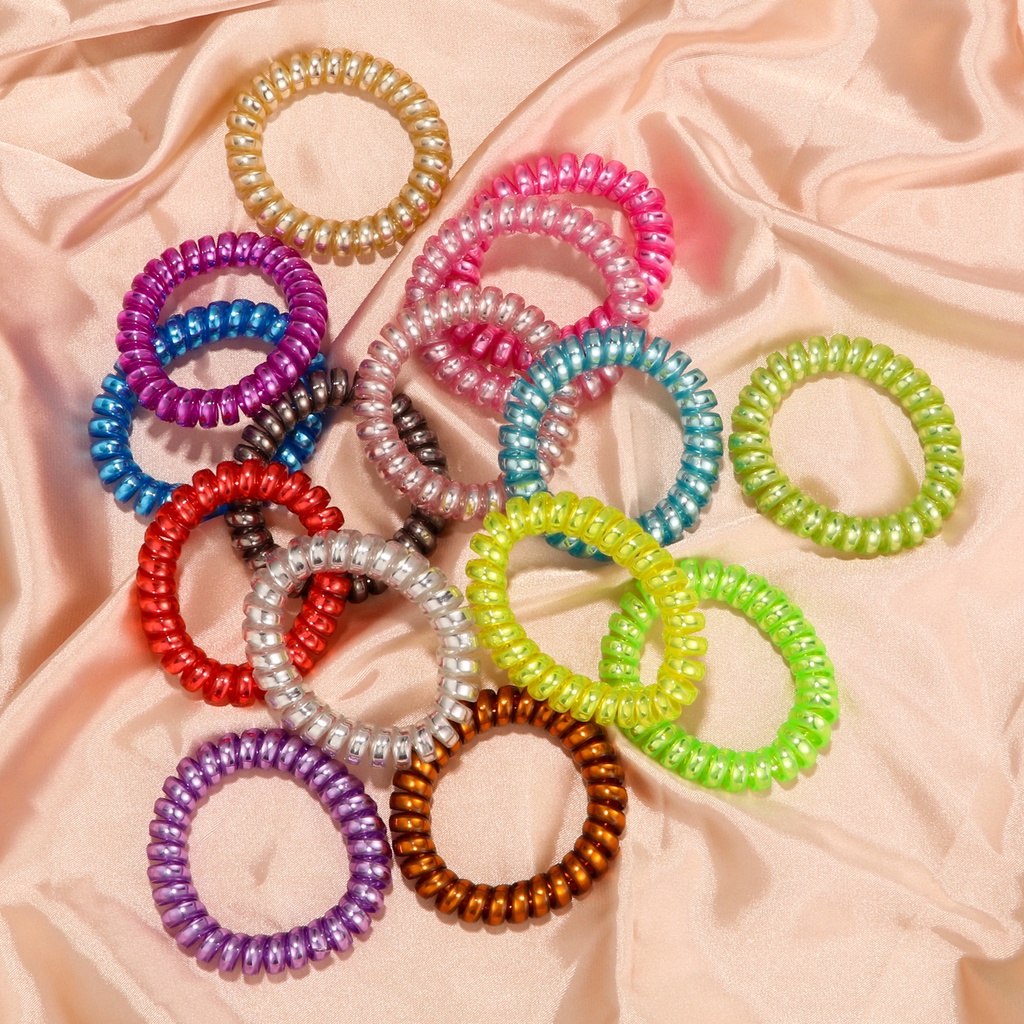 15pcs/set Korea Fashion Aksesoris Rambut Gaya Sederhana Emas Pink Pasir Terang Kabel Telepon Rambut Cincin Besar Plastik Ikat Kepala Perhiasan Gadis Seksi