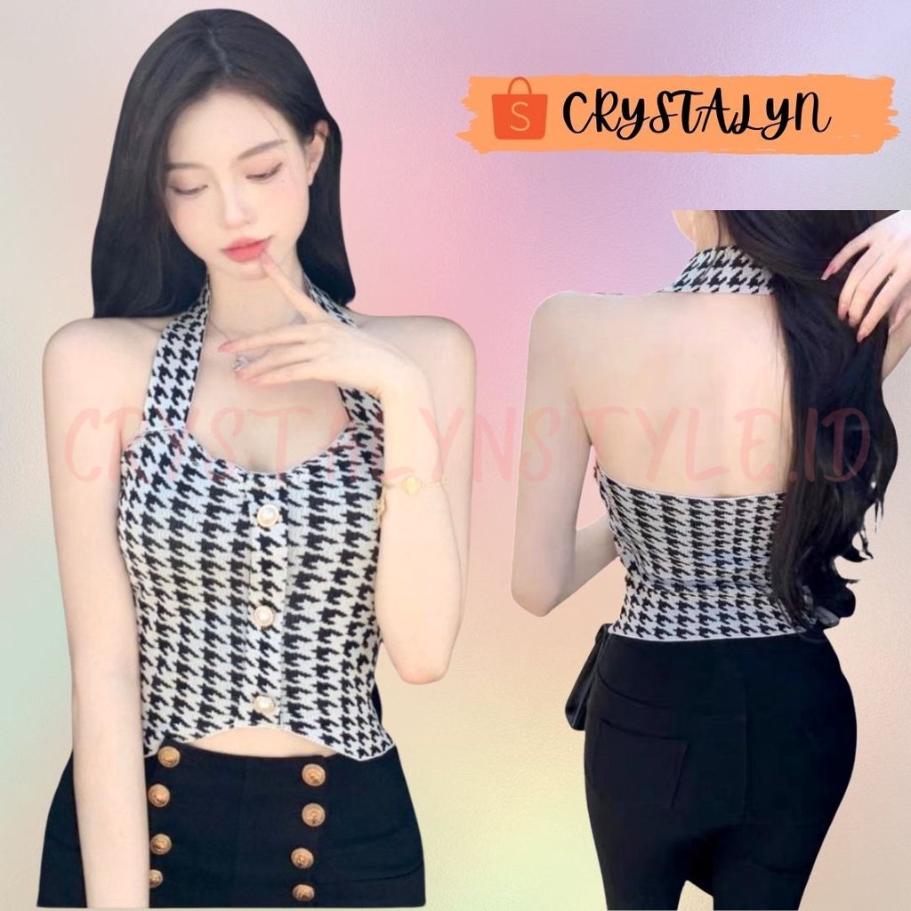 *CRYSTALYN* Tank Top / Crop Top / Halter Neck Top Botton Sexy Jacquard / Houndstooth Style