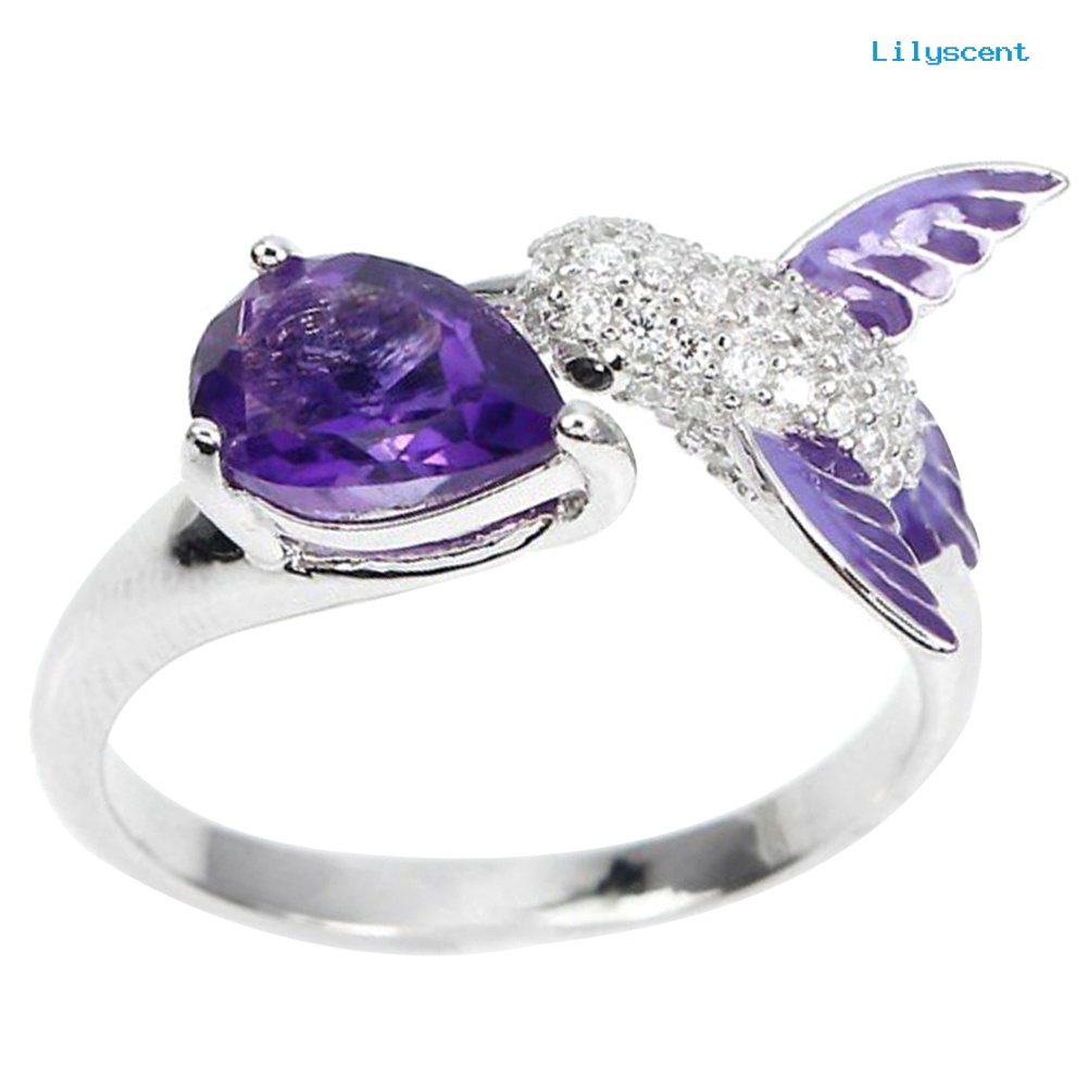 [LS] Bird Water Drop Faux Amethyst Cubic Zirconia Wanita Tunangan Kawin Cincin Terbuka