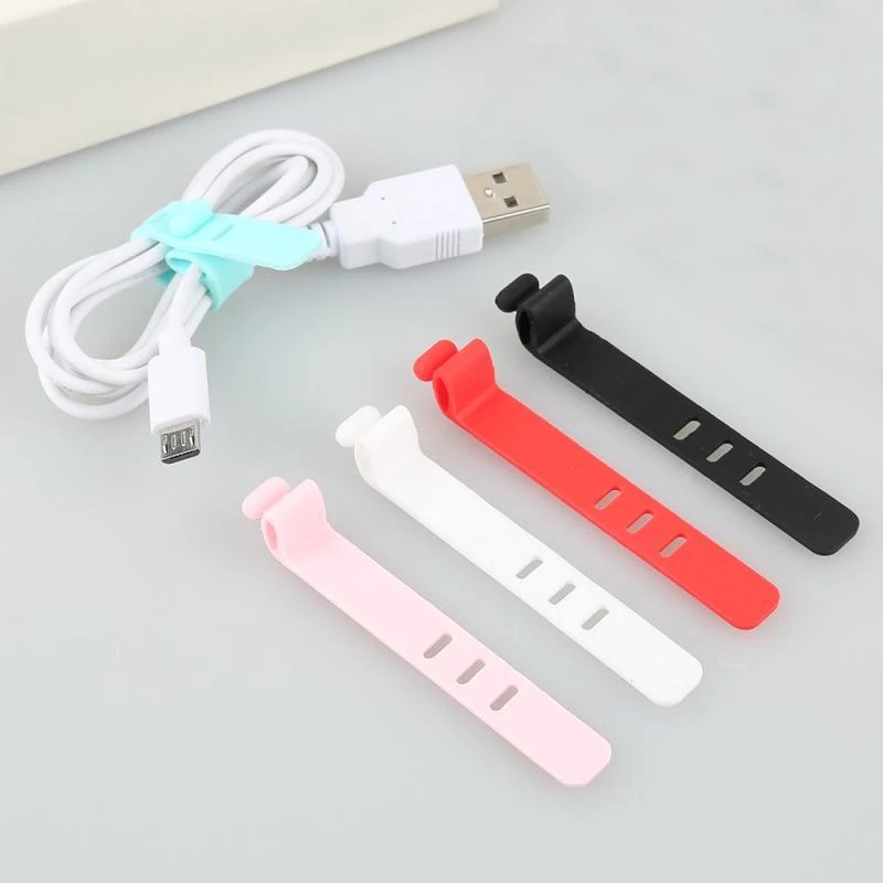 [Harga Grosir]1 / 5Pcs Strap Pengikat Kabel Data / Charger USB / Headphone 3 Lubang Bahan Silikon Flexible