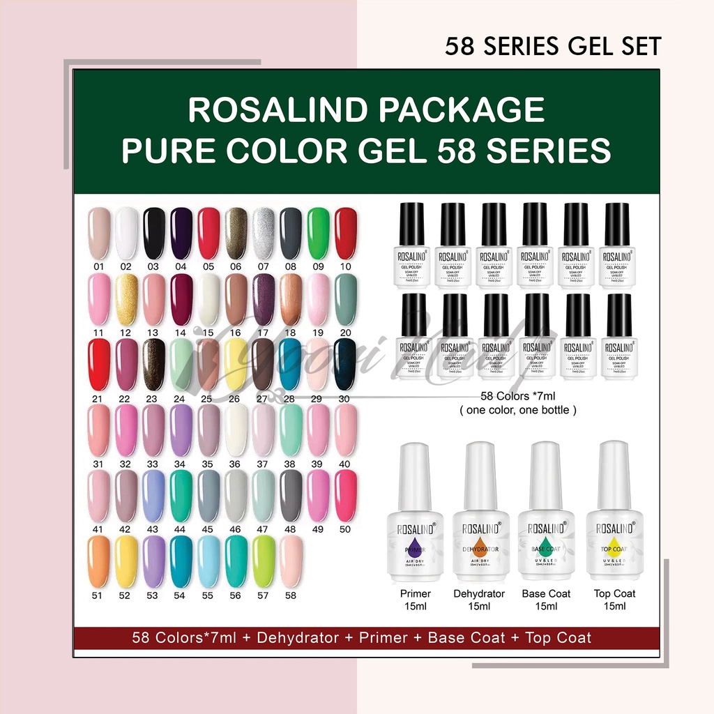 Rosalind gel polish set 58 warna top coat base coat nail gel rosalind paket gel polish kutek