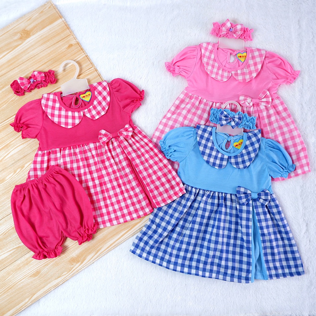 Stelan Baju Dress, Bando Dan Celana Usia 3-12 Bulan Anak Bayi Perempuan. Setelan Pakaian Baby Cewek Kisaran 1 Tahun