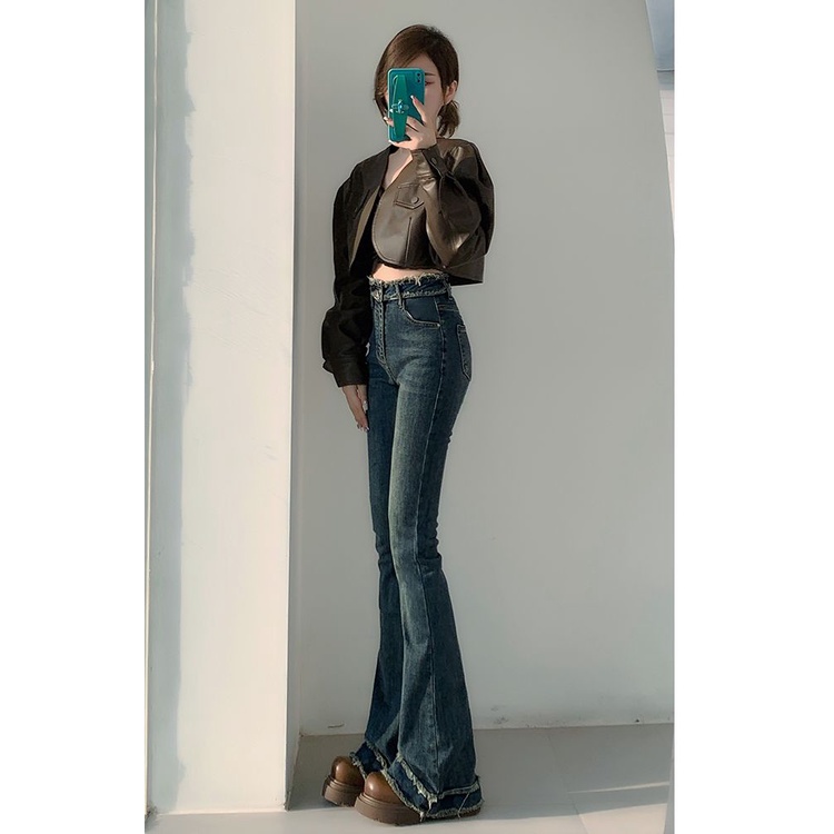 Red Tinggi Pinggang Retro Mentah Mikro Flare Jeans Wanita Musim Gugur dan Musim Dingin Baru Tinggi Tinggi Slim Slim diperpanjang Horseshoe Celana