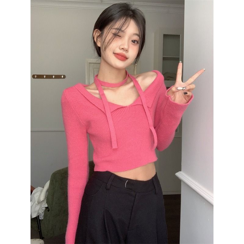 Red Keinginan murni off-the-shoulder rajutan sweater wanita musim gugur dan musim dingin self-budidaya bagian pendek sweater pakaian luar sweater babes one-shoulder lengan panjang top