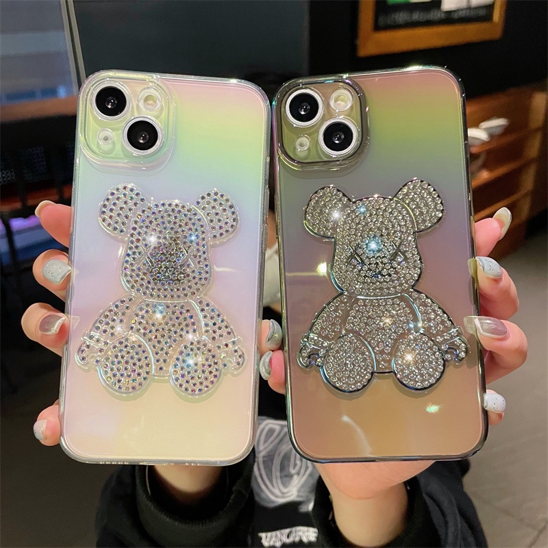 IPHONE Kartun Berlian Beruang Pasir Hisap Casing Ponsel Untuk Iphone11 12 13 14 Pro Xs Max7 8 14 Plus XR X Film Pelindung Lensa Bening Shockproof Cover