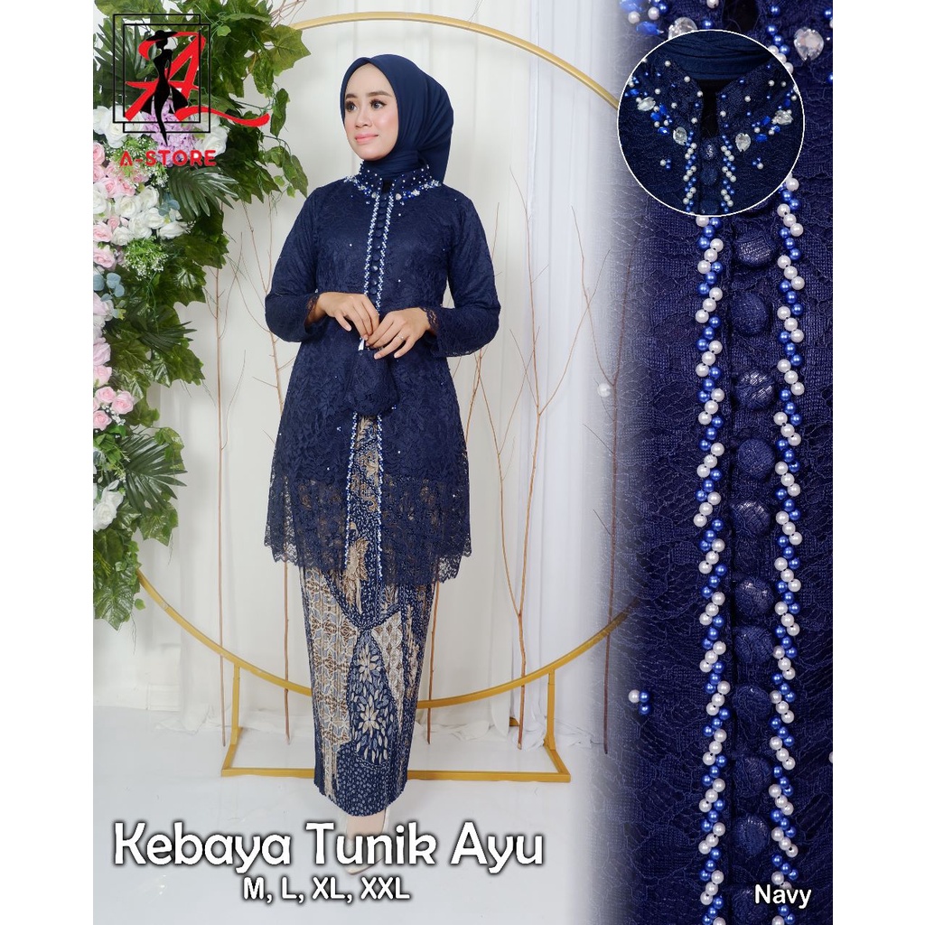 TERBARU  Kebaya Tunik AYU Terbaru Kancing Seribu Payet Jumbo Set Brukat Mix Mutiara M L XL XXL LD 96