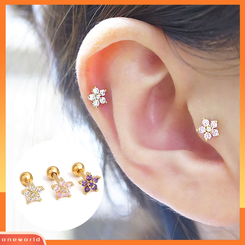 [oneworld] 1 Pc Indah Tindik Stainless Steel Tongkat Telinga Tulang Stud Cubic Zirconia Bunga Kecil Stud Earring Perhiasan Aksesori