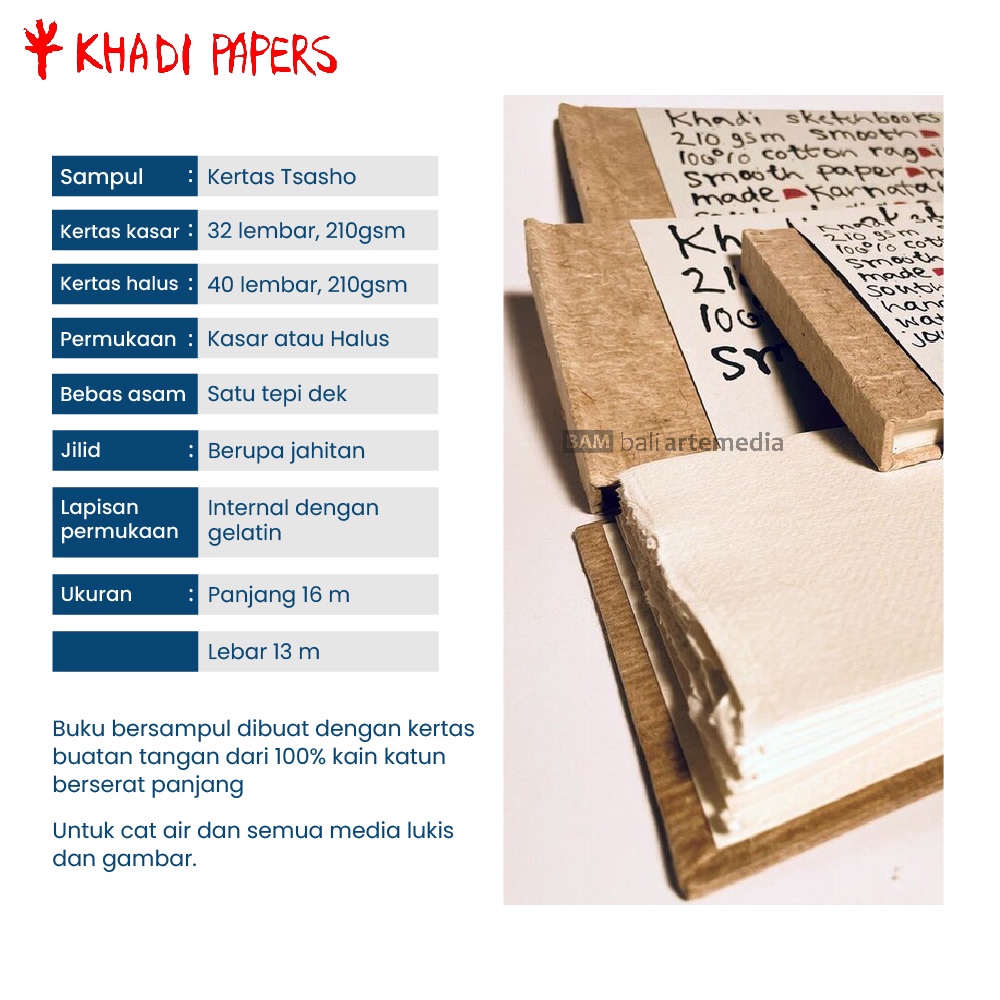 Khadi Sketchbook Hardback Book 210gsm 13 x 16cm Buku Menggambar Alat Melukis By Bali Aratemedia