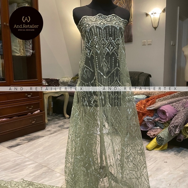 Bahan Kebaya Brokat Tile Etnic Madeline Warna Sage Green