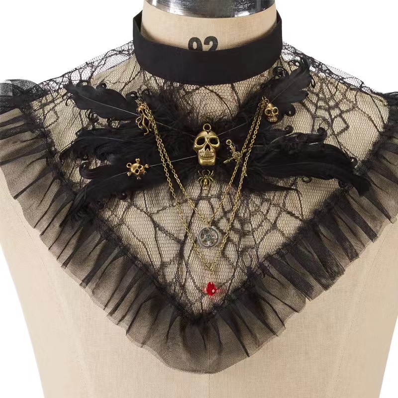 Gothic Cobweb Pattern Lace Ruffle Collar with Alloy Skull Head Chain 8585