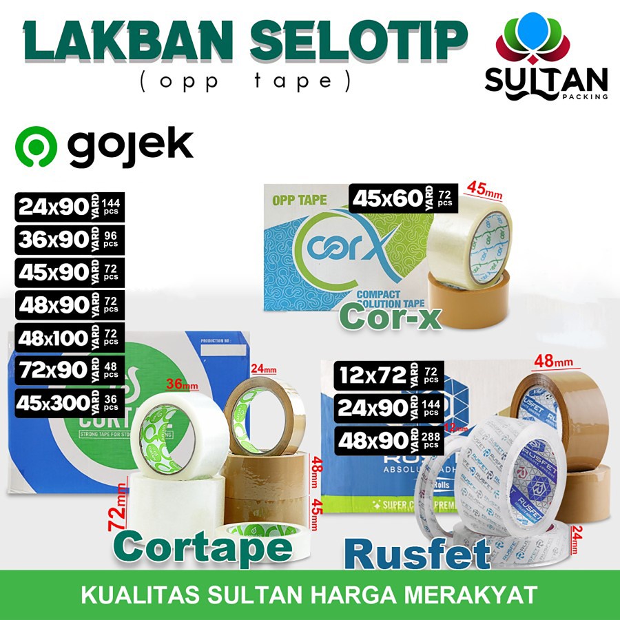 

Lakban isolasi Solatip OPP Tape Rusfet Cortape Varian GOJEK / DUS